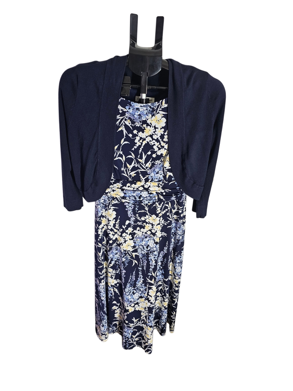 Coldwater Creek Navy Floral Midi Dress with Navy Cardigan